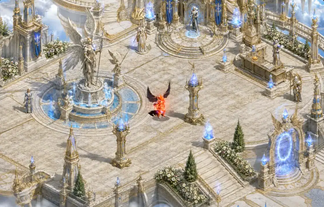 La Ciudadela celestial de Mirage World, con su fuente y estatuas de mármol
